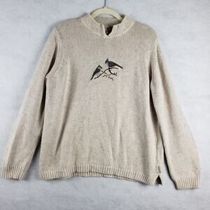 Woolrich Women's L Mock Neck‎ Beige Knit Pullover Sweater Applique Blue Jay Bird